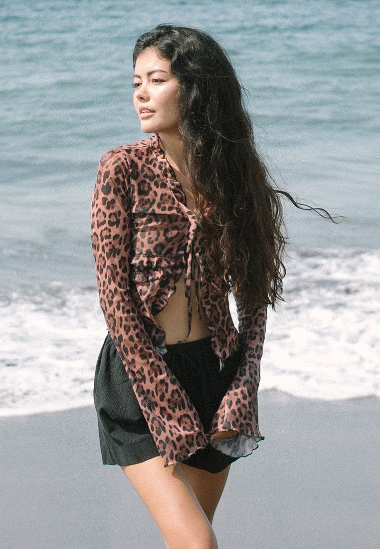 Sheer Leopard Ruffle Tie Blouse
