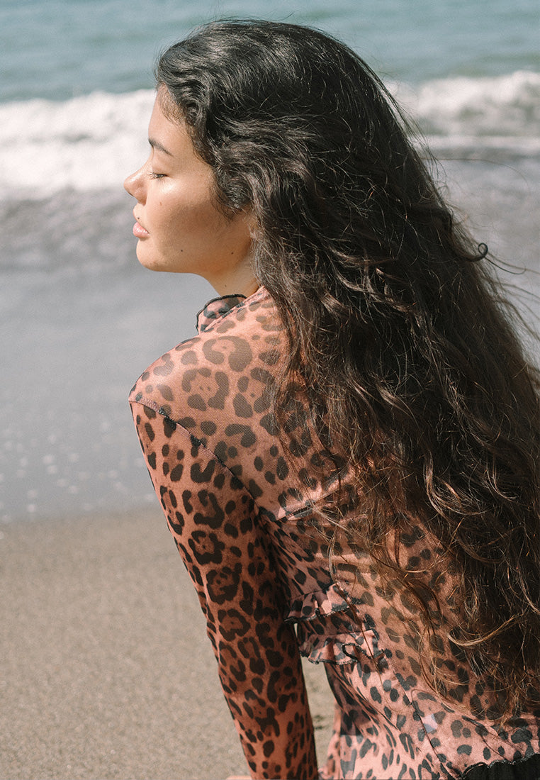 Sheer Leopard Ruffle Tie Blouse