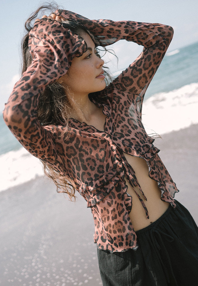 Sheer Leopard Ruffle Tie Blouse