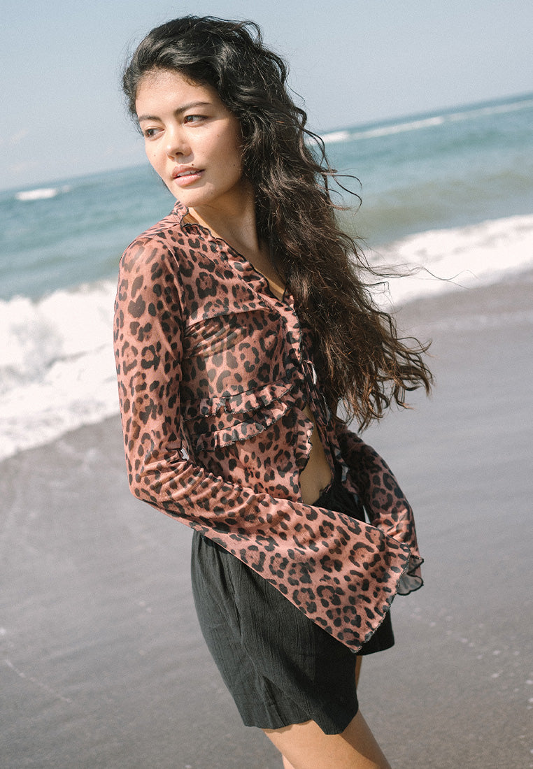 Sheer Leopard Ruffle Tie Blouse