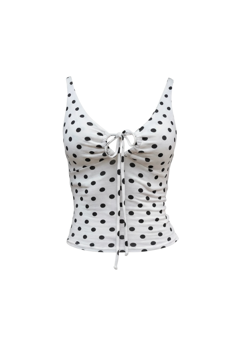 Polka Dot V Neck Tie Front Top