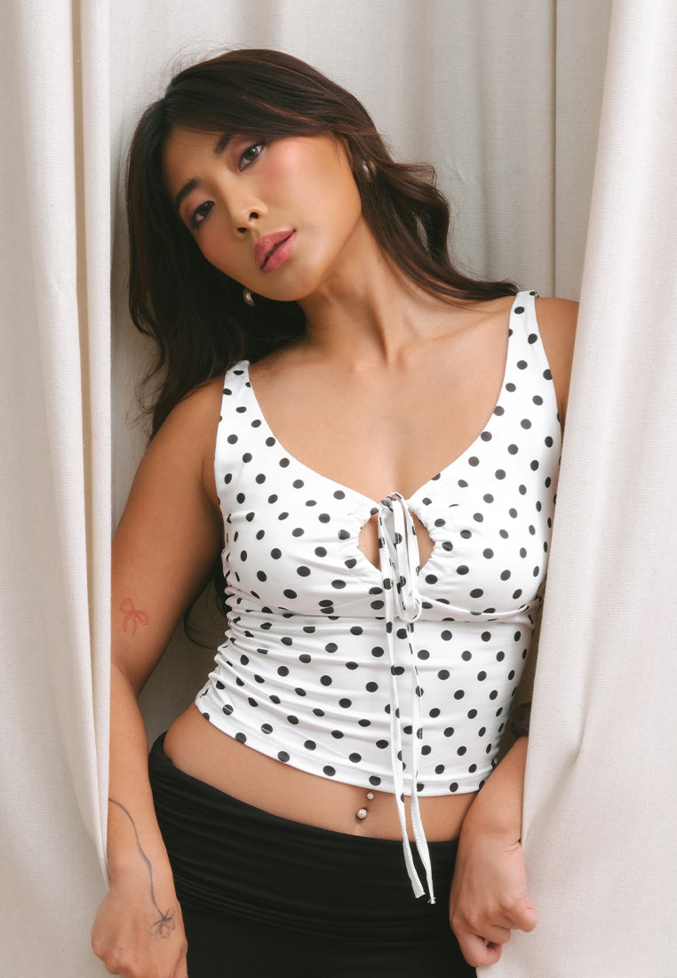 Polka Dot V Neck Tie Front Top