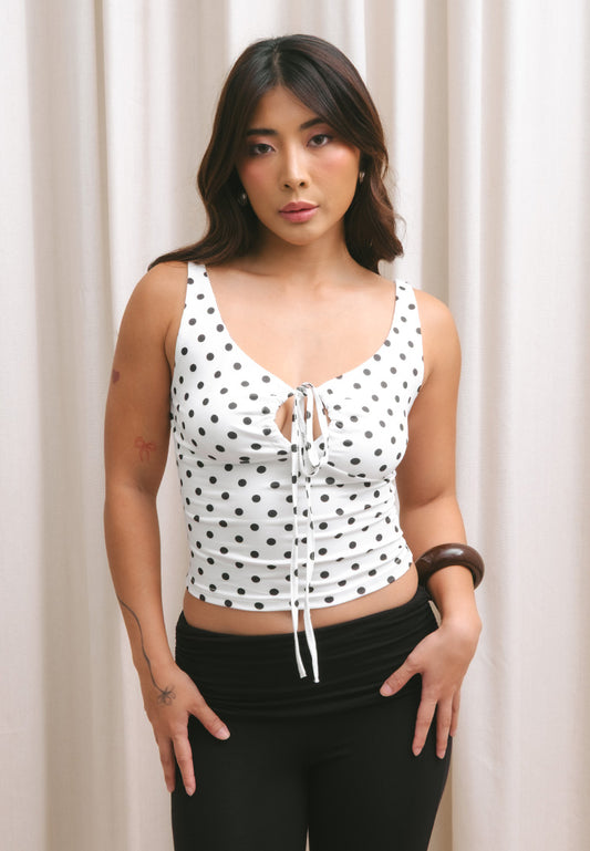 Polka Dot V Neck Tie Front Top