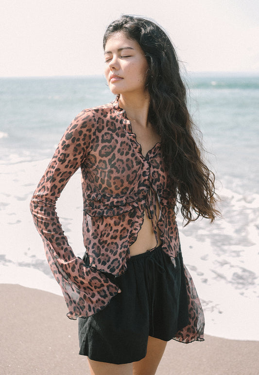 Sheer Leopard Ruffle Tie Blouse