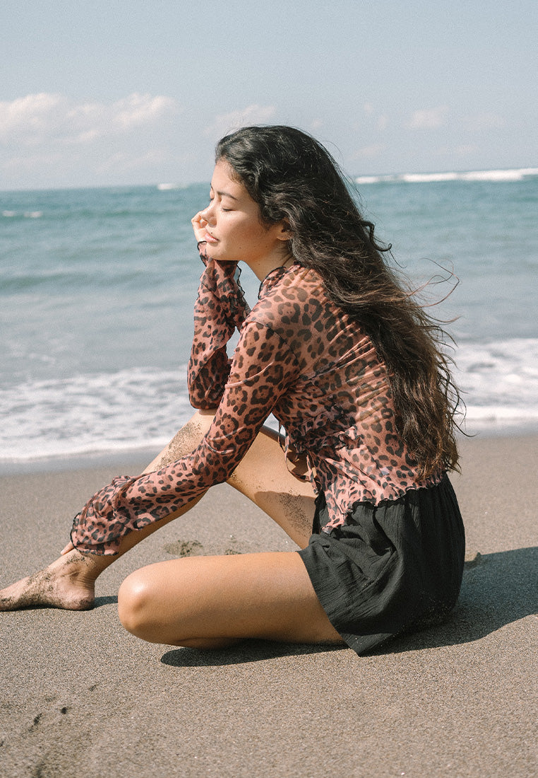 Sheer Leopard Ruffle Tie Blouse