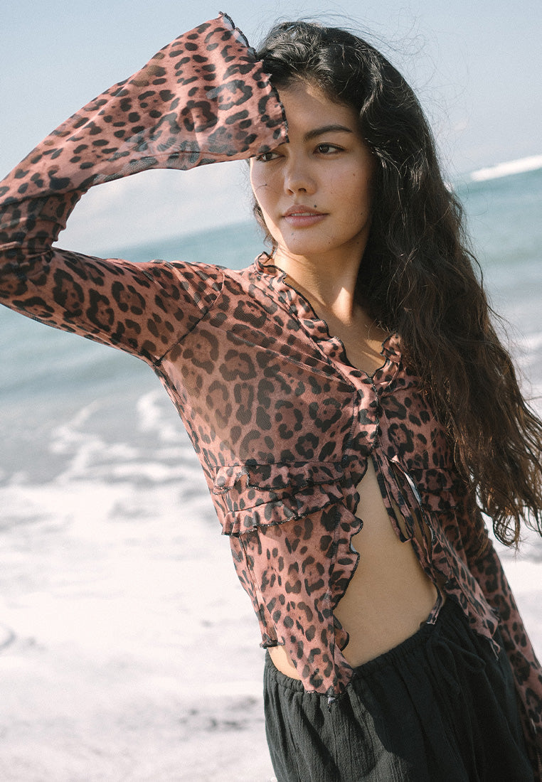 Sheer Leopard Ruffle Tie Blouse