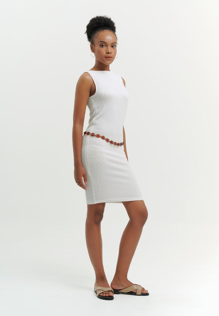 Pleated Boat Neck Short Dress