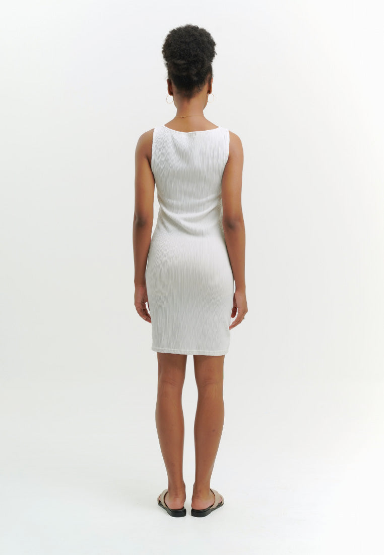 Pleated Boat Neck Short Dress