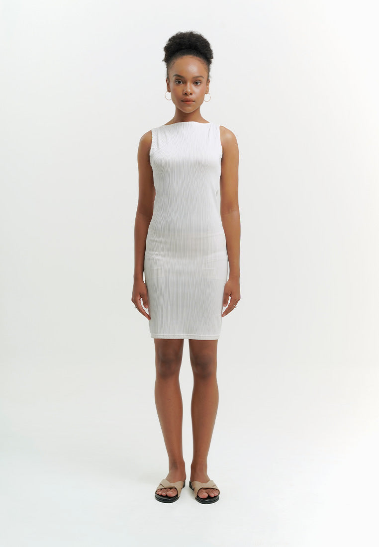 Pleated Boat Neck Short Dress