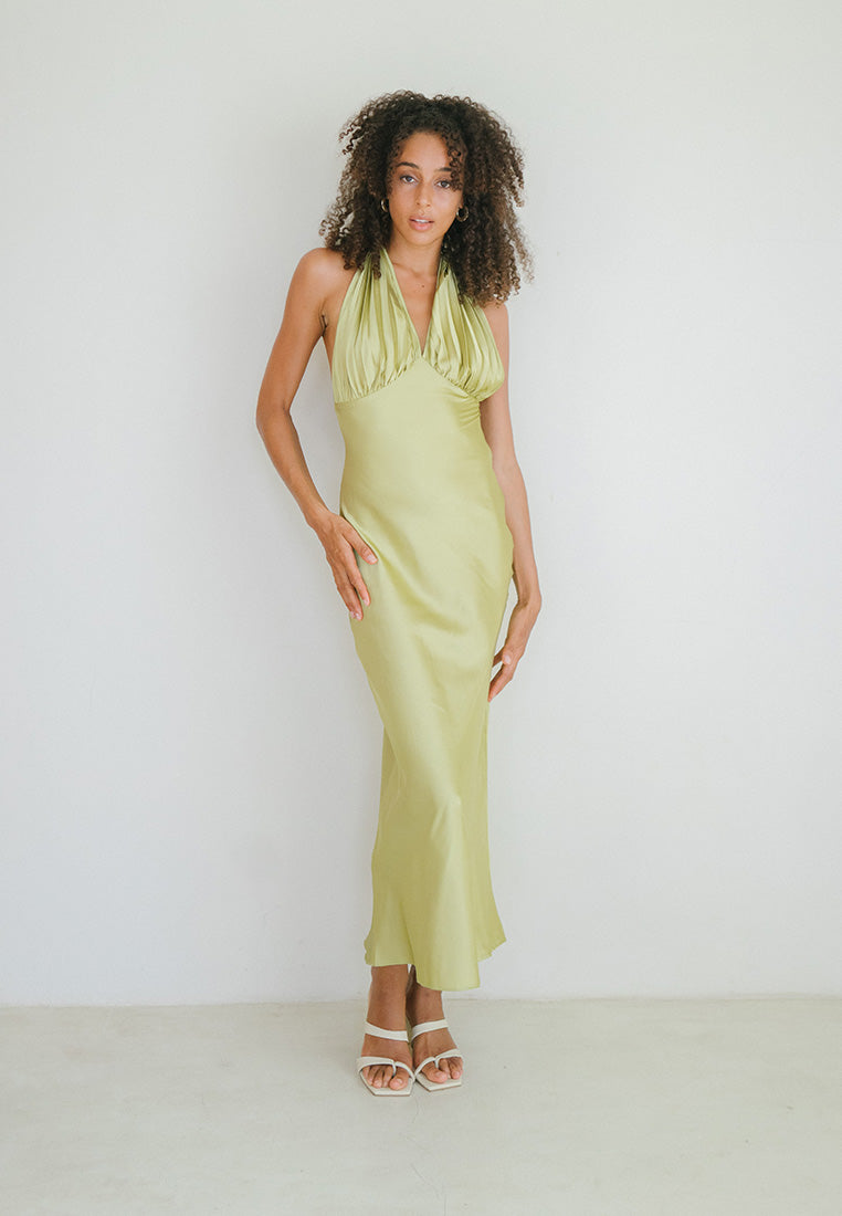 Pleated Halter Satin Dress